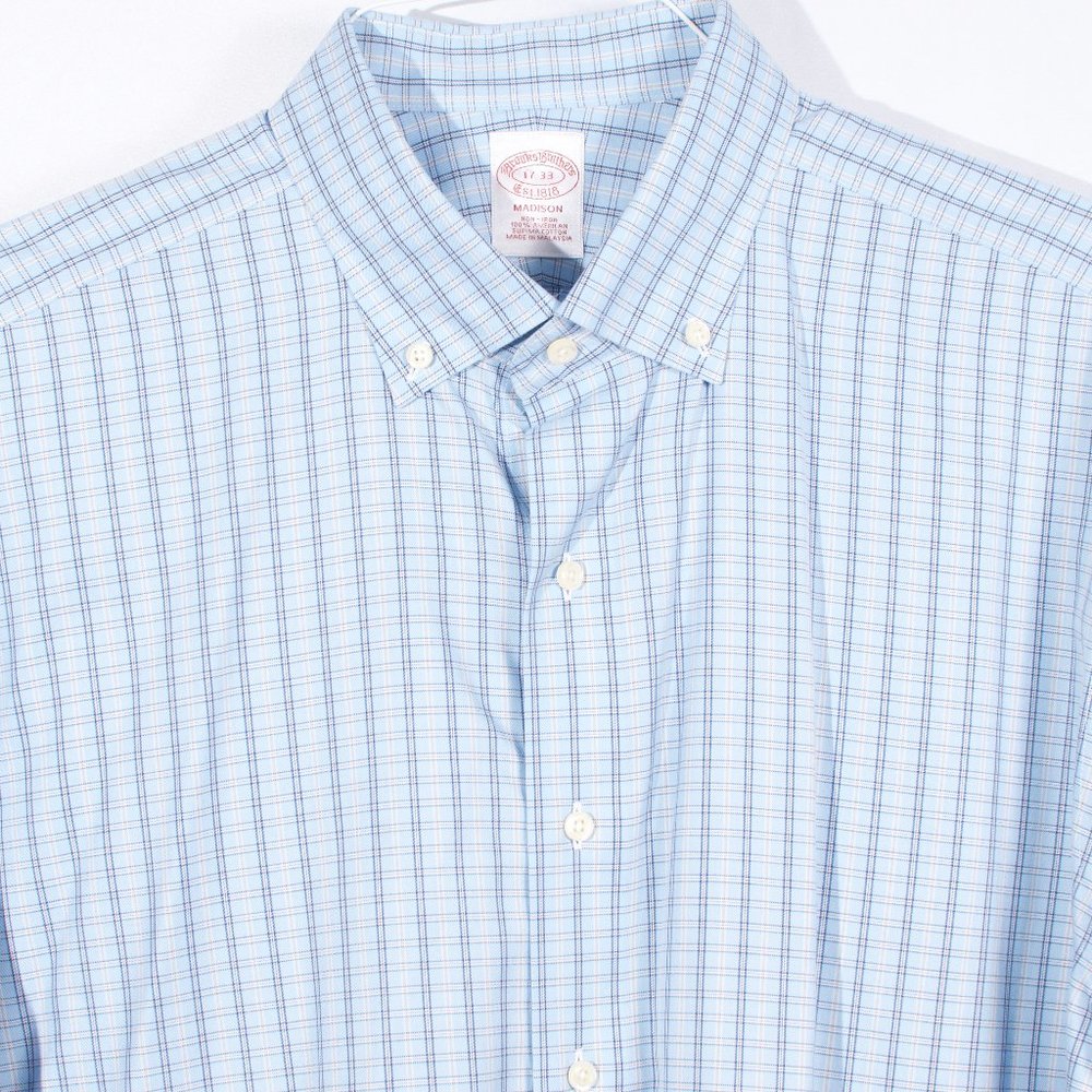 Brooks Brothers Men's Dress Shirt 17-33 Blue Windowpane Cotton Madison